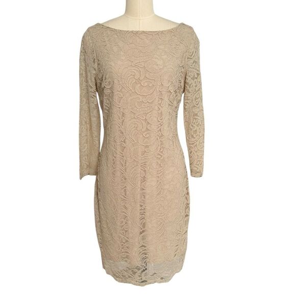 Badgley Mischka Tan Lace Sleeveless Sheath Midi Dress | Size 12 - Picture 1 of 7